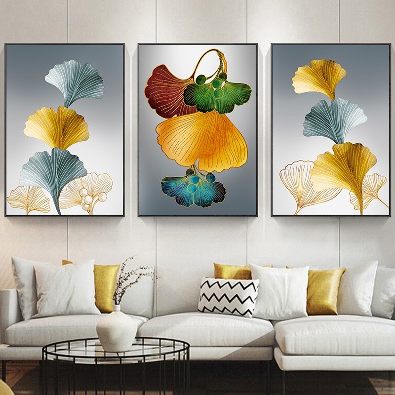 Bingkai Kayu Emas Ginkgo Biloba Daun Tanaman Abstrak Kanvas Lukisan Poster Dinding Seni Modern Gamba