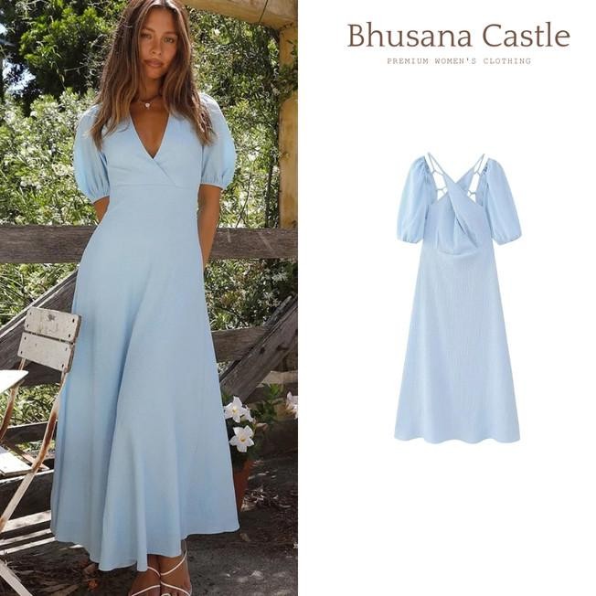 74071 Blue Sexy Summer Di Textured Baless Dress/Dress Wanita