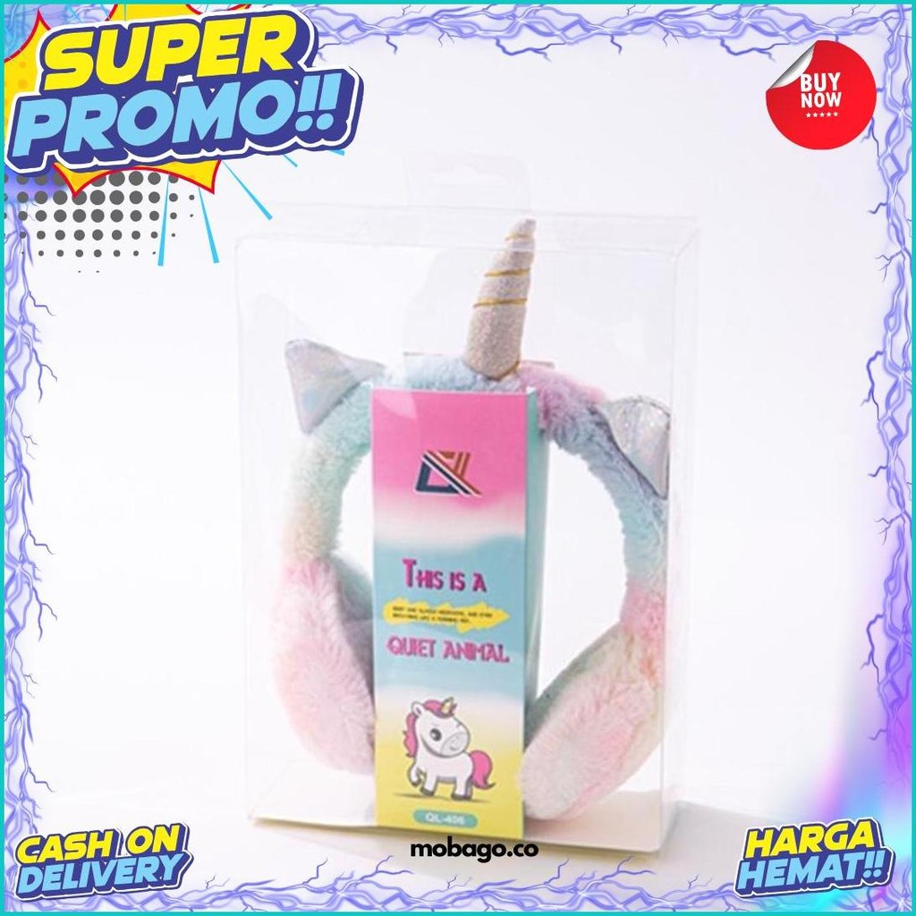 [ Ql-406 ]Headphone Unicorn Tanduk  Rainbow Bulu Type Ql-406 /Headphone Karakter Anak Sale
