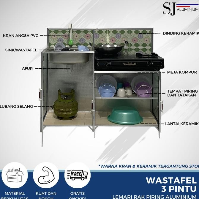 Rak Piring Lemari Dapur Kaca Aluminium - Wastafel 3 Pintu