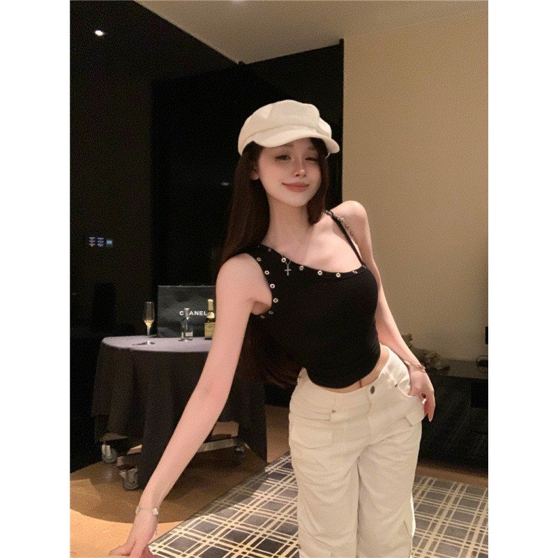 Kamisol asimetris bahu terbuka jaket musim panas wanita atasan tanpa lengan seksi