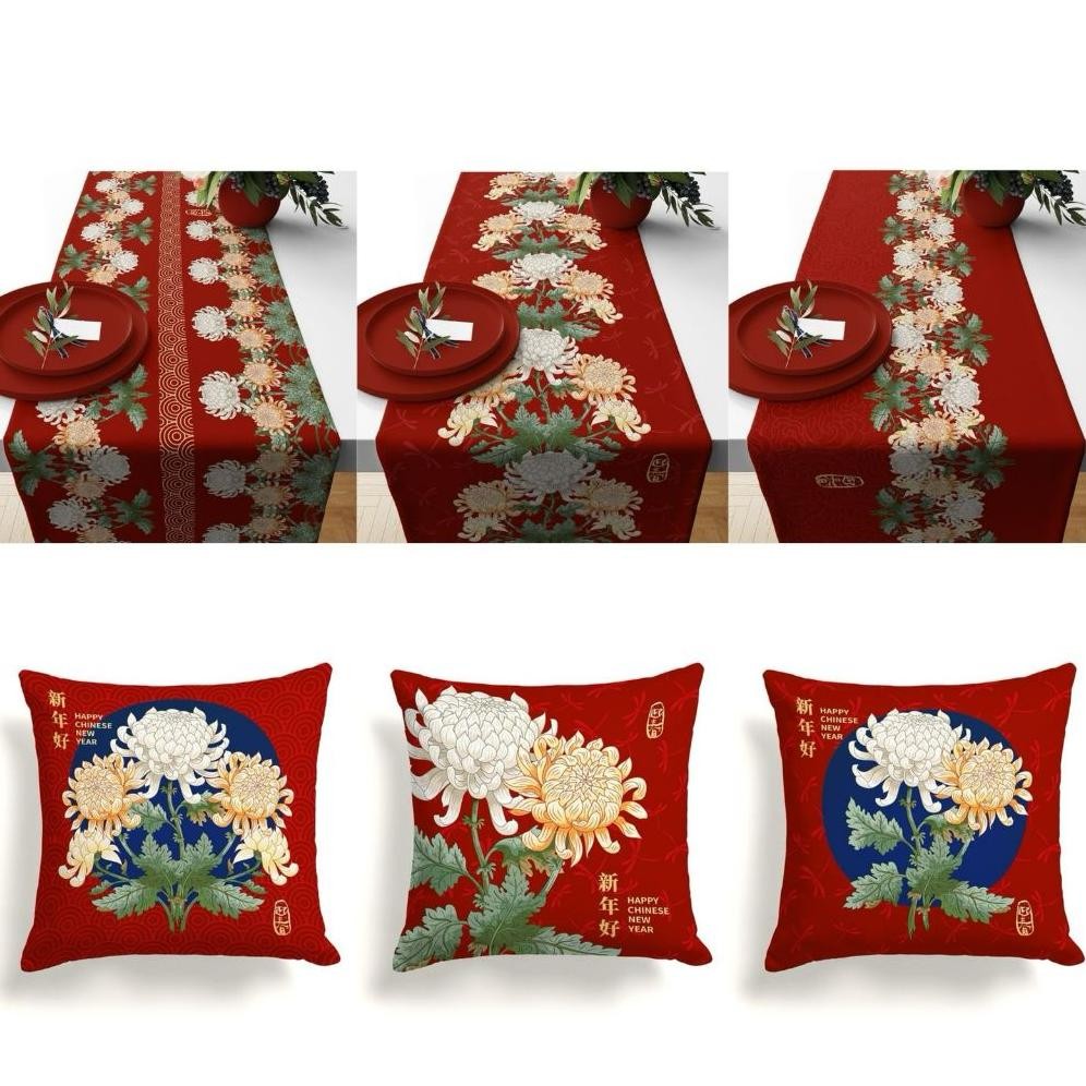 Sarung Bantal Sofa Print Motif Red Prosperity Peony Series Imlek Cny Merah