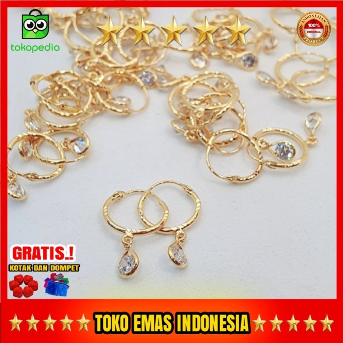 anting anak bulat ada gantungan permata mas asli kadar 375