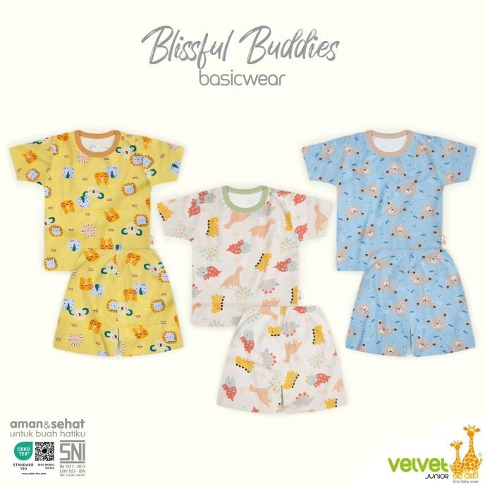 Velvet Junior Motif Terbaru Kancing Pundak + Celana Pendek - 3pcs