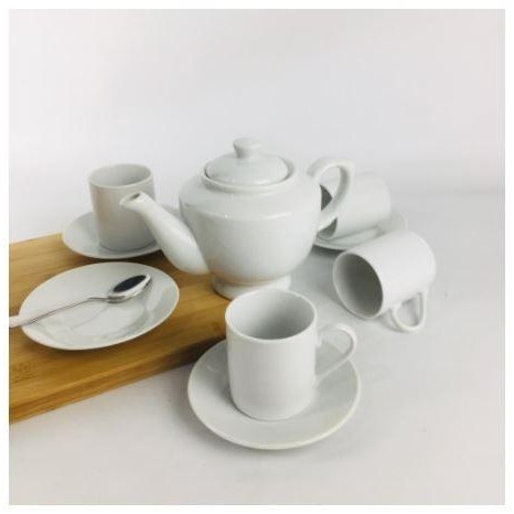 Teko Keramik Set Polos Putih Gelas Dan Piring Isi 4Pc