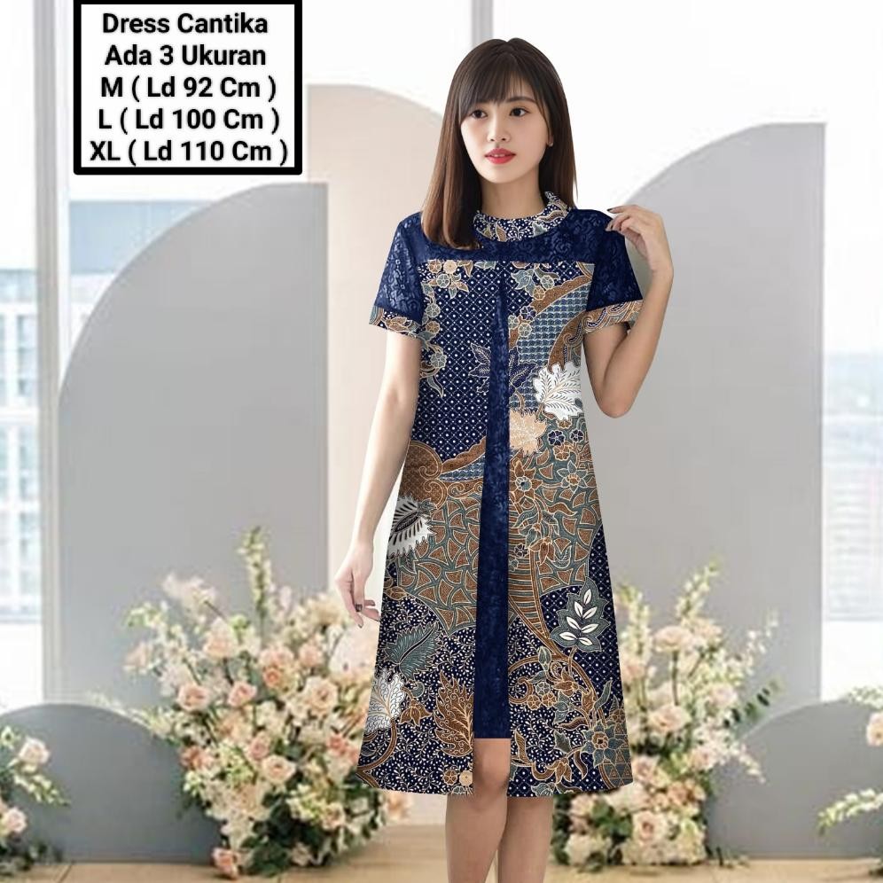 CR - Dress Midi Model Terbaru Batik Kombinasi Brokat Mutiara Cocok Untuk Kondangan/Dress Cantika Bat