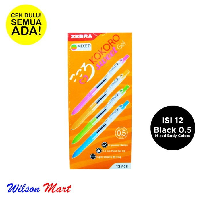 

Ready ZEBRA KOKORO SWEET GEL BLACK 0.5 ISI 12 PCS MIXED BODY COLORS PEN