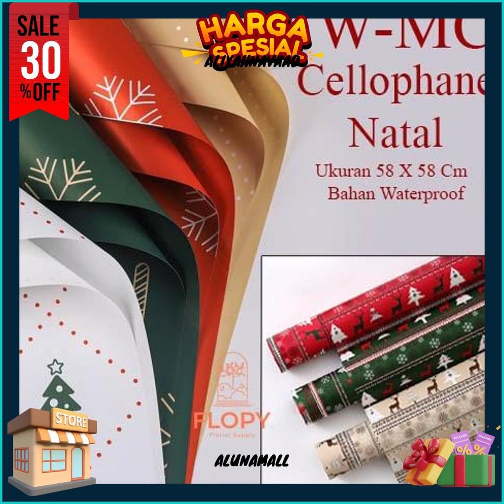 

[ 5 Lembar ] Cellophane Natal Motif - Fwmc / Wrapping Flowers / Kertas Kado Kilat