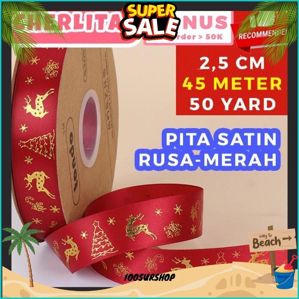 

45 Meter Pita Natal Christmas Ribbon Emboss Emas 50 Yard Packaging Kado Hampers Promo