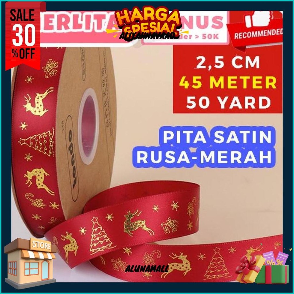 

45 Meter Pita Natal Christmas Ribbon Emboss Emas 50 Yard Packaging Kado Hampers Diskon