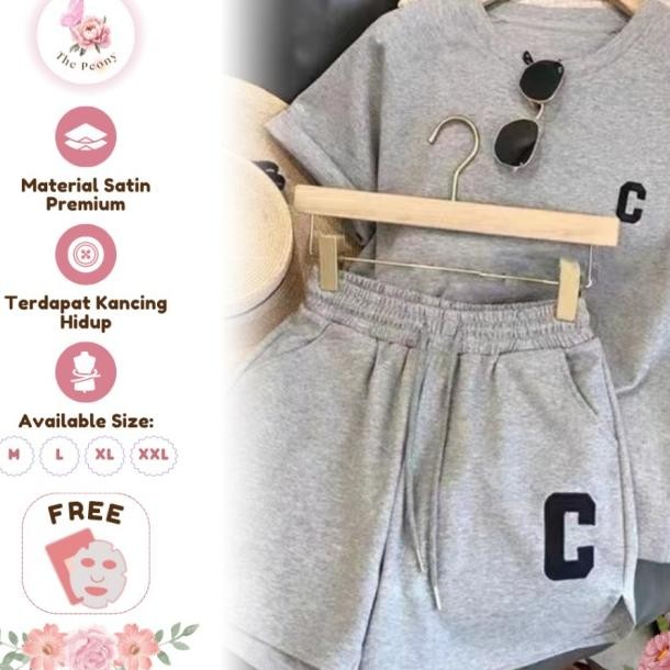 One Set Wanita The Peony Baju Santai Cewek Kaos Polos Setelan Kasual Dewasa Baju Rumahan Celana Shor