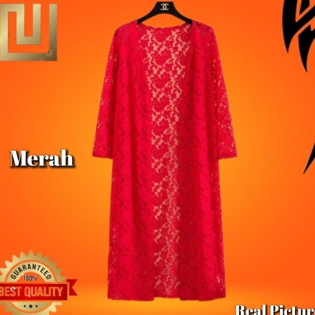 Outerwear Muslim Wanita Long Maxi Cardigan Brukat Pesta Cardi Putih