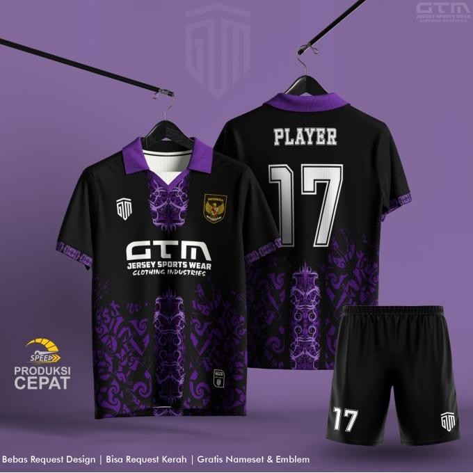JERSEY BOLA FUTSAL HITAM UNGU MOTIF BATIK KERAH RETRO ~COSTUM DESIGN
