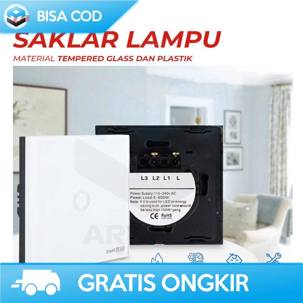 SMART WALL SWITCH TOUCH SENSOR SAKLAR LAMPU RUMAH TEMPEL LED AO 001
