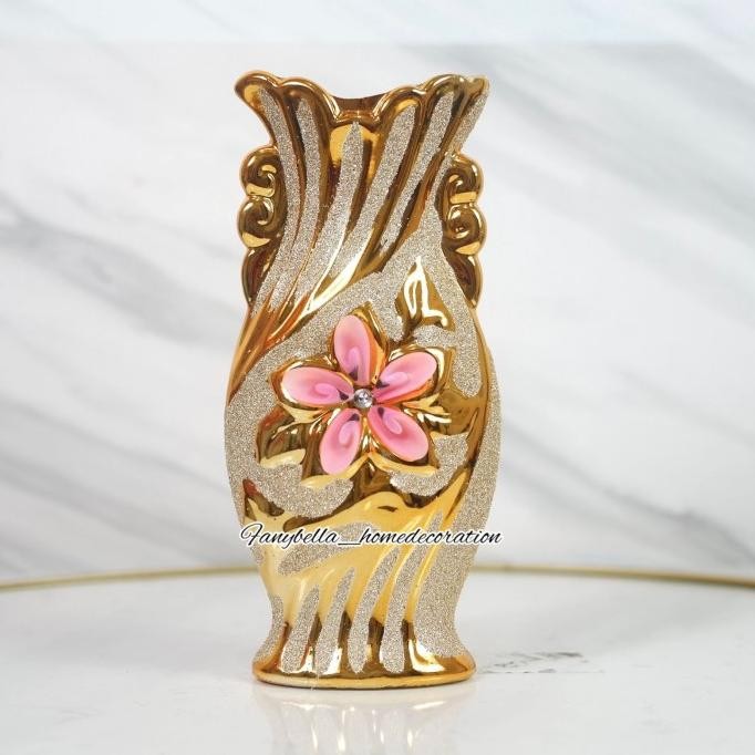 Vas Bunga Keramik Guci Emas Gold Mewah Motif Bunga Import Dekorasi Rum Original Dan Terpercaya