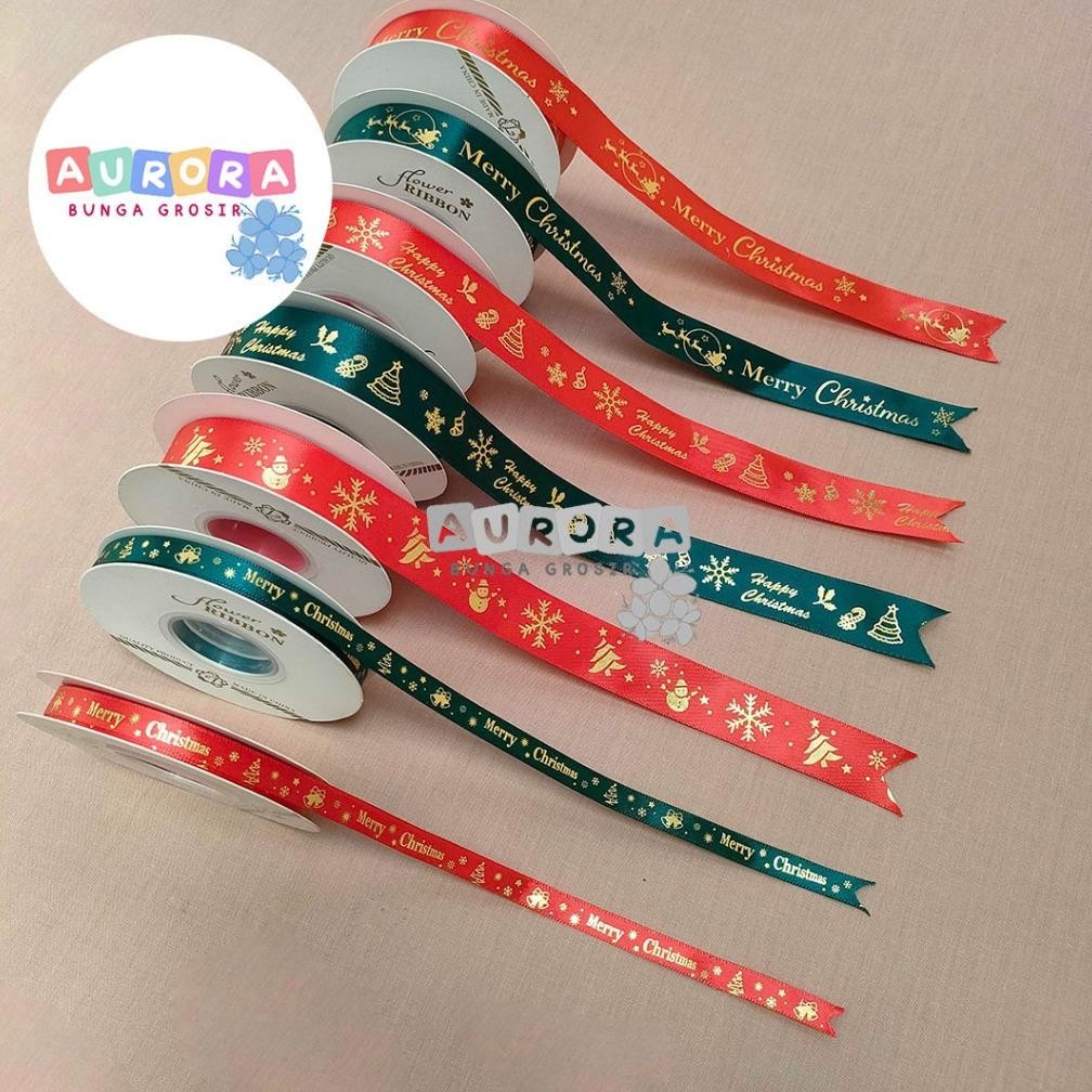 

(1 Roll 22Meter) Pita Natal Pita Satin Christmas Ribbon Gift Hampers Kado Dekorasi Natal Motif Merry Christmas New Stok
