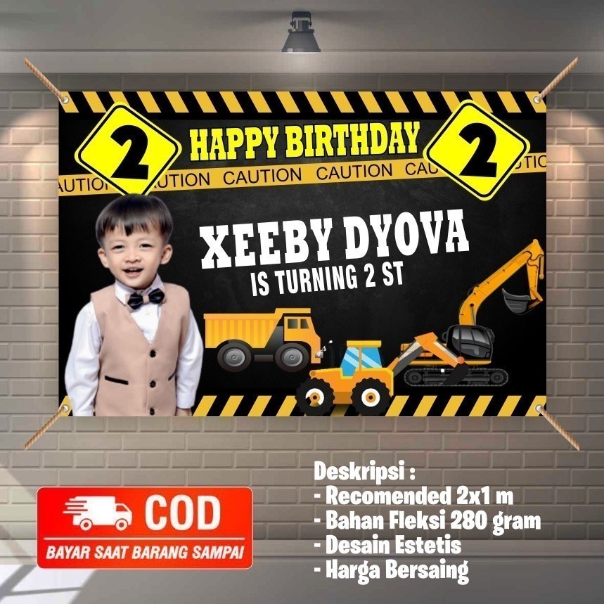 Bisa COD, Chek Dulu  BANNER/ BACKDROP/ SPANDUK ULANG TAHUN ULTAH EXCAVATOR, KONSTRUKSI, ALAT BERAT