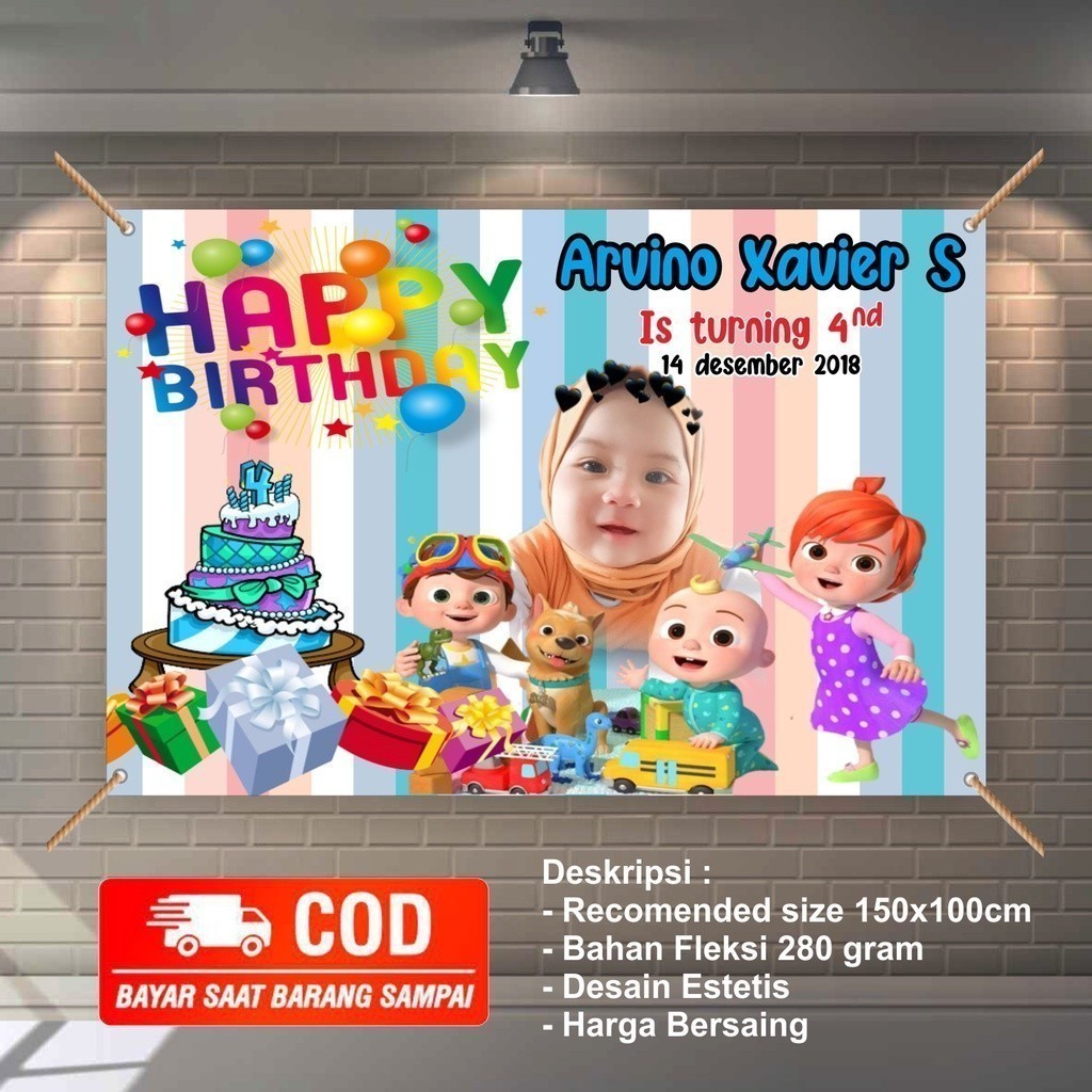 Bisa COD, Chek Dulu Spanduk / Banner / MMT / Invitation / Backdrop ulang tahun cocomelon koko melon 