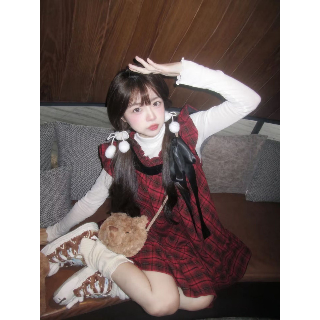 [Kue ceri]Rok kotak-kotak merah dua potong Natal Korea dan setelan rompi