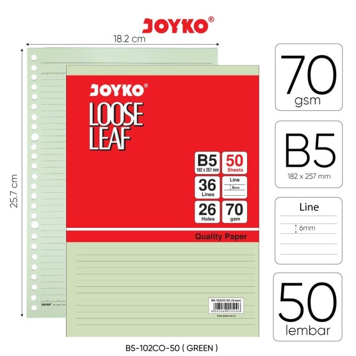 

Loose Leaf Color Isi Kertas File Binder Warna Joyko B5-102CO-50 Green