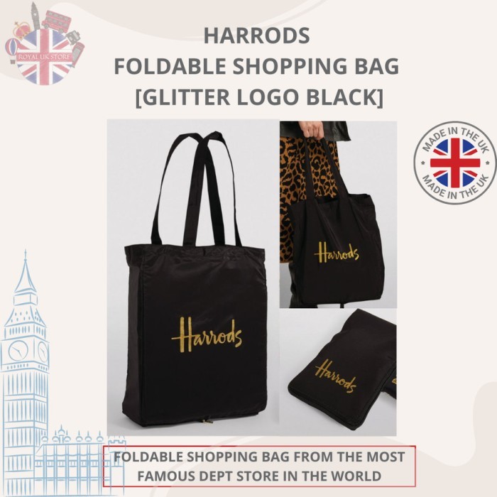 Harrods Foldable Shopping Bag (Black Glitter) -100% Original UK-