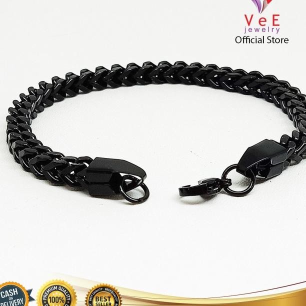 VeE Gelang Titanium Hitam Rantai Kotak Pria Wanita Fashion Aksesoris Anti Karat