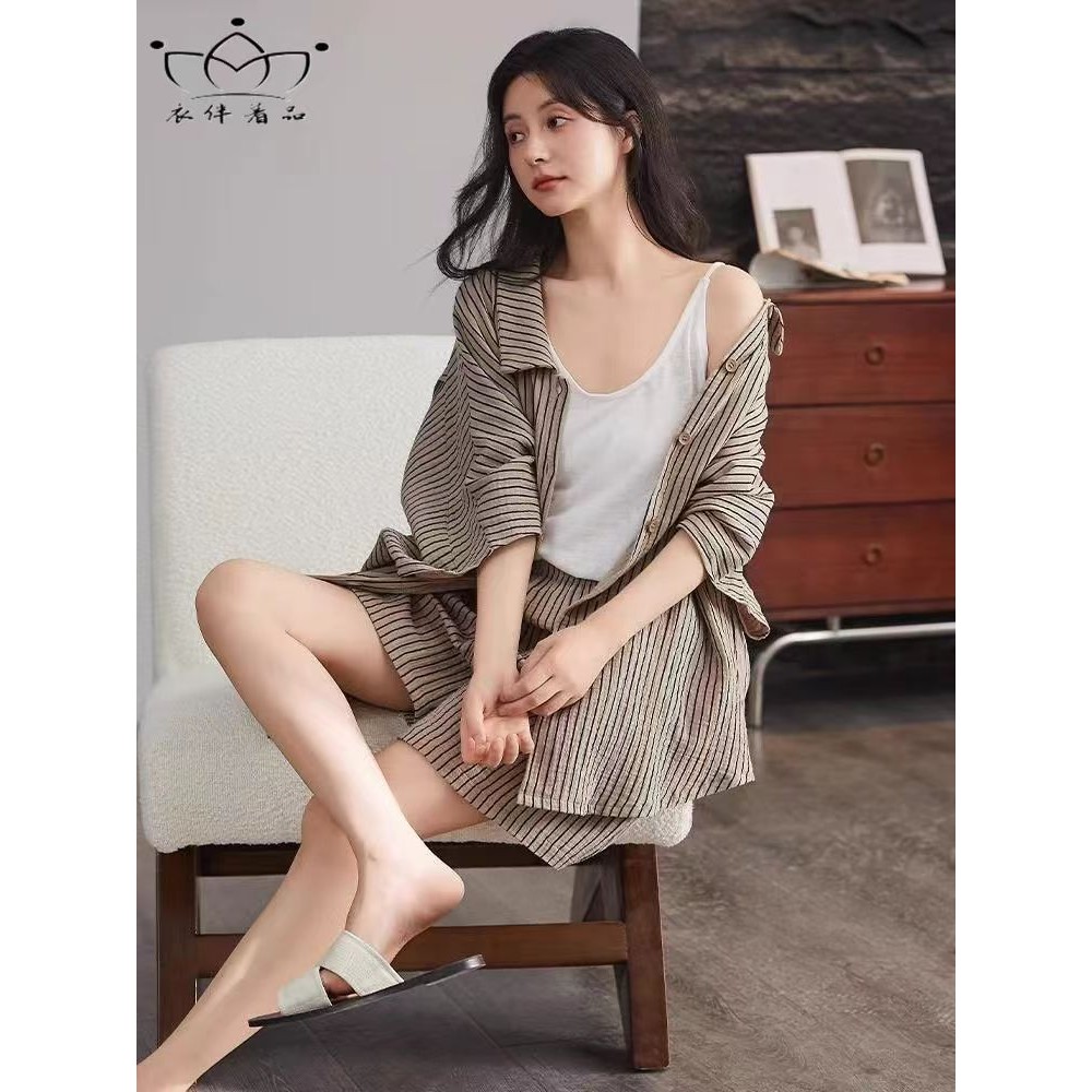 Piyama Lengan Pendek Wanita, Pakaian Rumah Baju Celana Pendek Bergaris Longgar Kain Kasa Pelangsing 