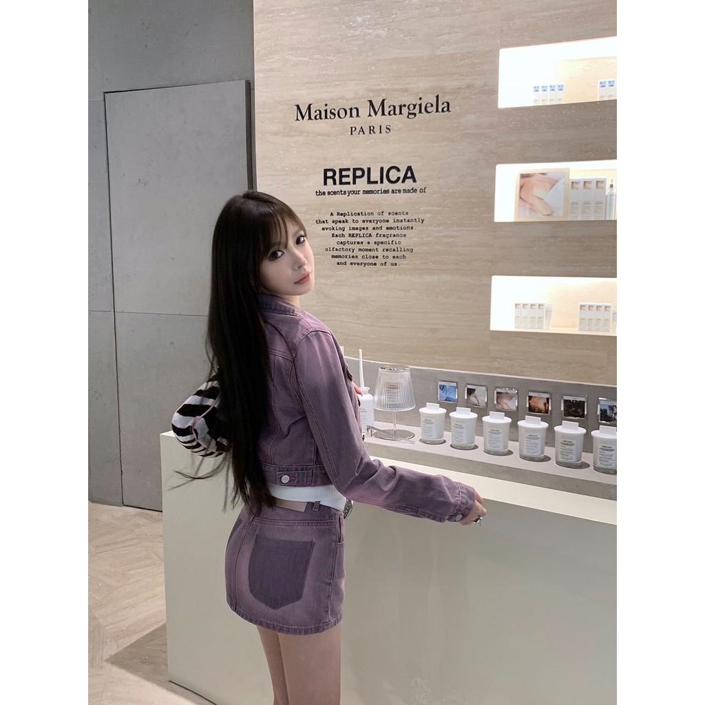 【Cream Winnie】Jaket denim pendek kasual lengan panjang merah muda ungu + rok pelangsing pinggang ren
