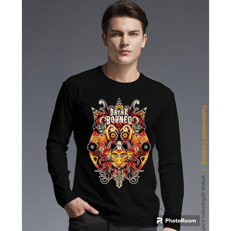 Bisa Cod Kaos Distro Kaos Atasan T-Shirt Cowok Lengan Panjang Jumbo Motif Reog Borneo 4Warna Sablon 