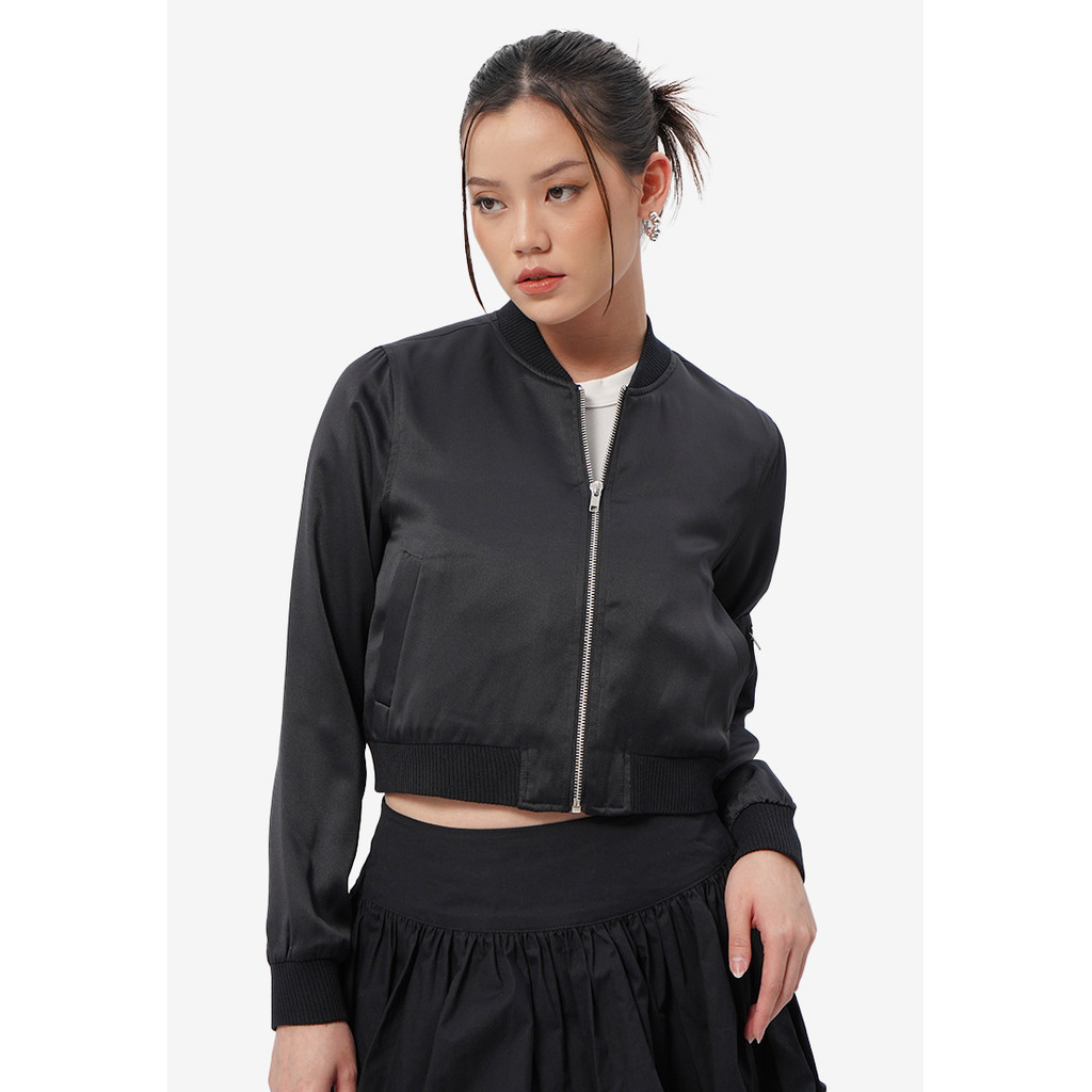 COLORBOX Cropped Satin Bomber Jacket Black