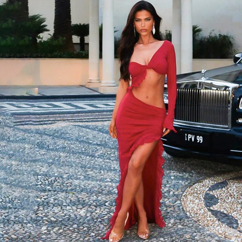 F24DS349 European and American Women's Clothing One-Shoulder Long Sleeve Pleated Midriff Outfit High