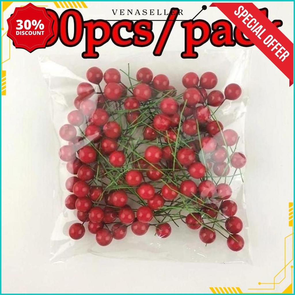 

100 Pcs Cherry Natal Christmas Biji Ceri Berries Hiasan Pohon Natal / Cake Topper Hiasan Kue Bola Emas Silver Merah Cherry Cod