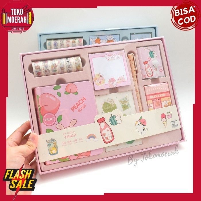 

Paket Jurnal 7 In 1 Fruits Girl Day Peach Grape Buku Washi Tape