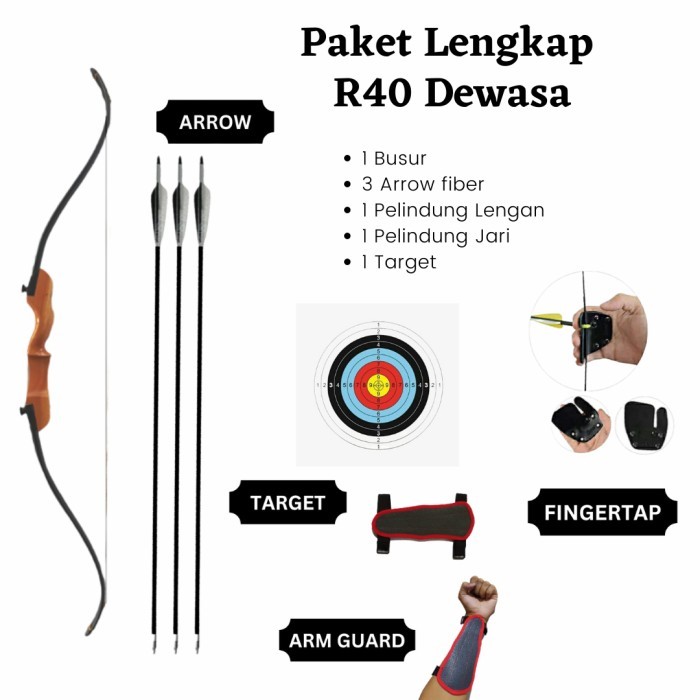 Dijuall Paket Lengkap Busur Panah Panahan R40 Dewasa Arrow Fiber