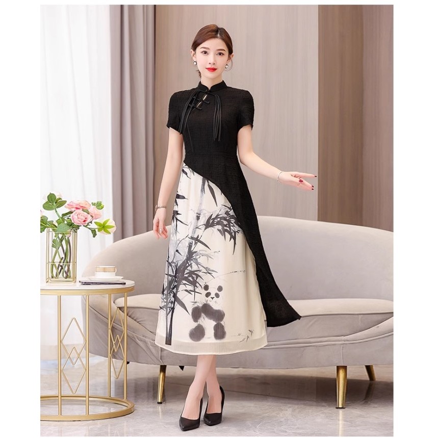 Gaun Pesta D23001 Cheongsam Putih Hitam Lengan Pendek Party Dress