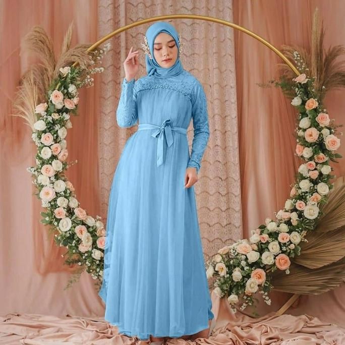 BAJU BUSANA MUSLIM GAMIS PESTA MAXI DRESS MIKAYLA BLUE TERBARU