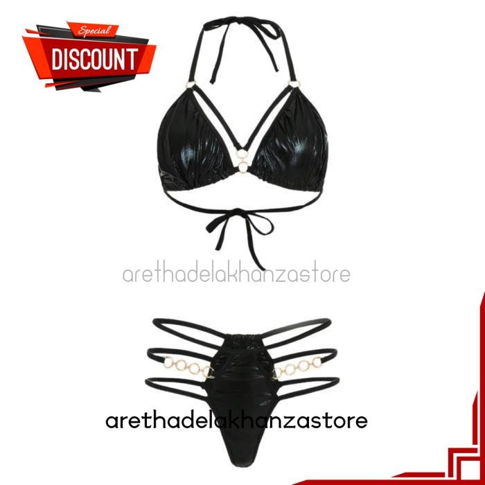 PAKAIAN DALAM BRA SET BRALETTE SEXY HOT BH HALTER IKAT CD TALI 3 LATEX HITAM SEKSI GRATIS ONGKIR BY 