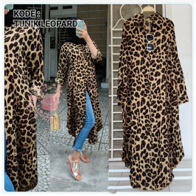 Baru Tunik Wanita Lengan Panjang Atasan Wanita Muslim Leopard Tunik