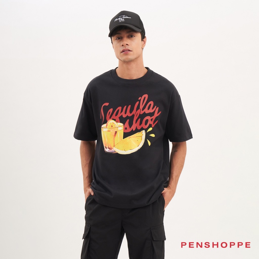 Kaos Grafis Longgar Penshoppe Tequila Shot untuk Pria (Hitam) [Kaos, T shirt] |4DvPWxot|