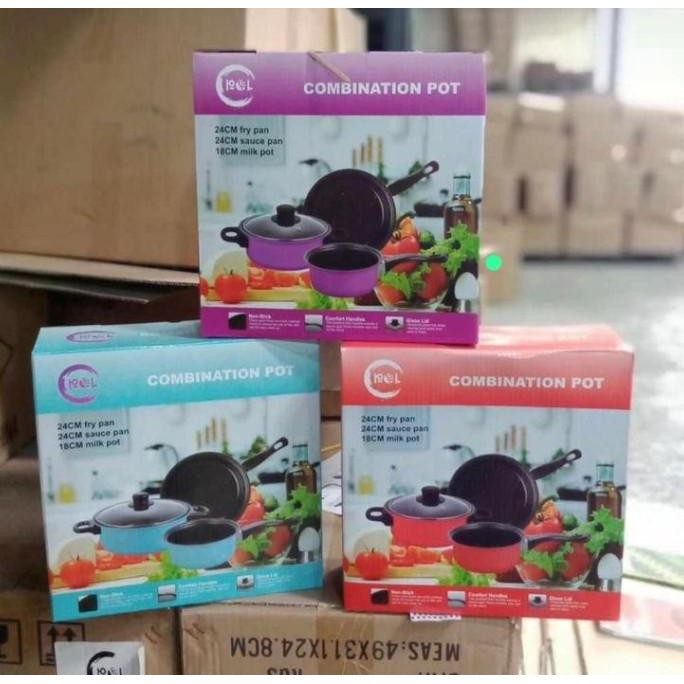 Panci Combination Set Pot 3 Pcs Cookware Kombinasi Fry pan Sauce Milk