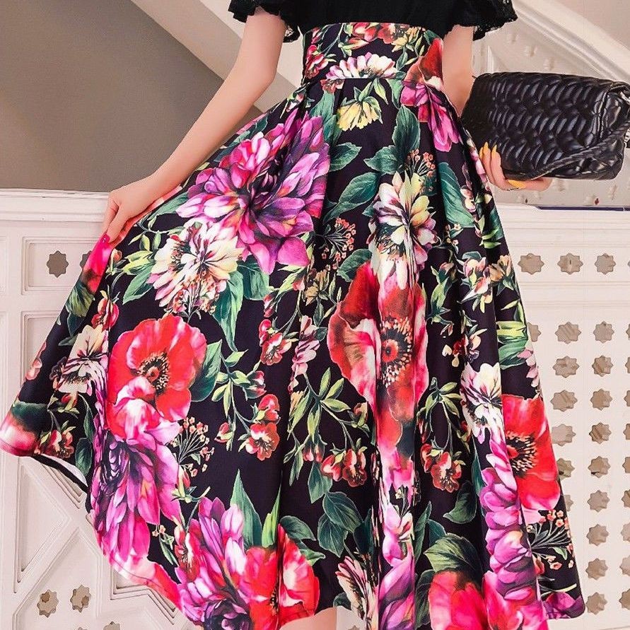 Rok Pinggang Tinggi Warna Hitam Motif, Rok Payung Pelangsing, Rok Setengah Panjang, Retro, Baru, Mot