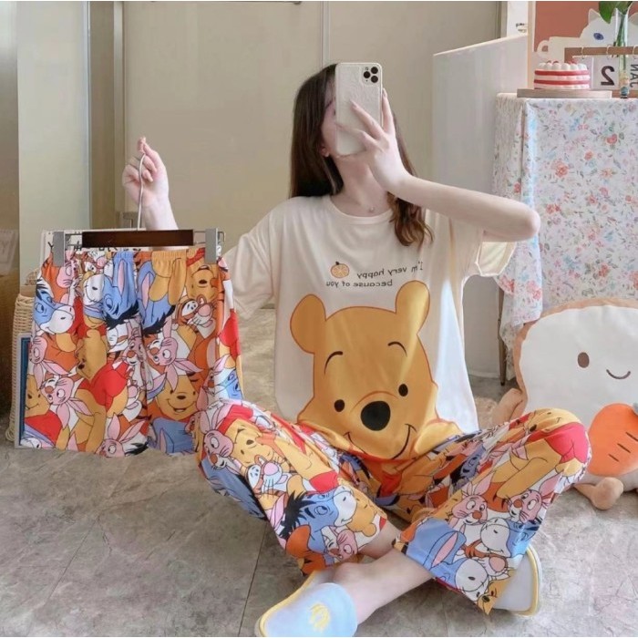 BAJU TIDUR SETELAN 3 IN 1 WANITA PIYAMA BAHAN KAOS SPANDEKS