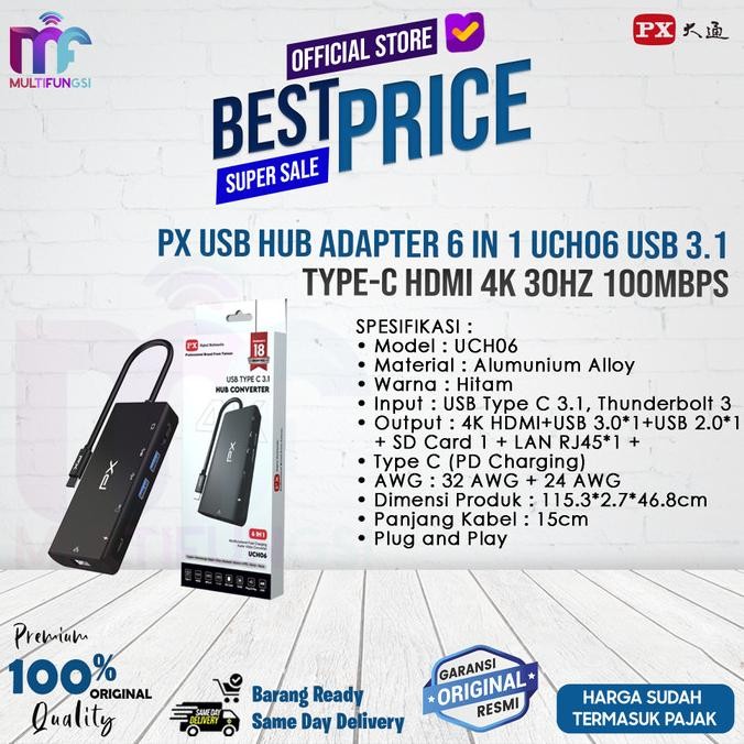 

PX USB Hub Adapter 6 in 1 UCH06 USB 3.1 Type-C HDMI 4K 30Hz 100Mbps