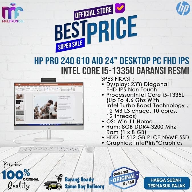 

HP Pro 240 G10 AIO 24" Desktop PC FHD IPS Intel Core i5-1335U Garansi Resmi