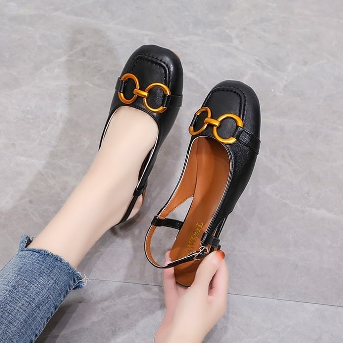 Sandal Flat Shoes Wanita Teplek Anti Licin Kulit Tali Belakang Branded