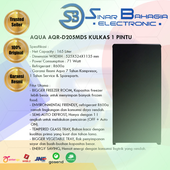 AQUA AQR-D205MDS KULKAS 1 PINTU (NEW) (KHUSUS BANDUNG)