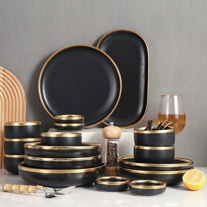 [ SATUAN ] NOIRE BLACK GOLD PLATE / PIRING KERAMIK HITAM EMAS