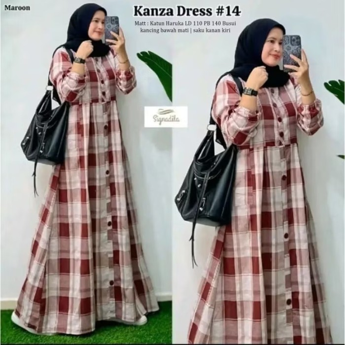 BEST SELLER gamis katun wanita motif kotak busui friendly bw9313 kanza - marun 14