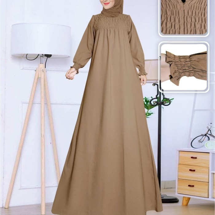 BEST SELLER GAMIS WANITA MODEL SMOC WARNA COKLAT SUSU