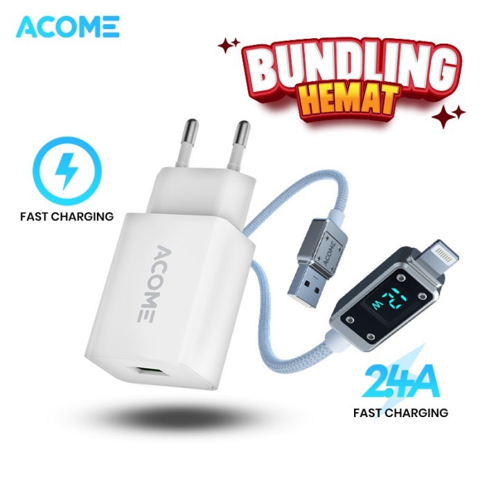 TERUJI ACOME Bundling Hemat Charger AC14 + Kabel Data AIL100 Fast Charging
